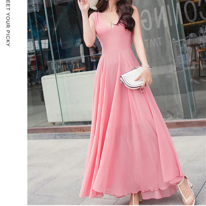2019 New Summer Beach Dress Women's Fashion Sleeveless V-Beck Red Blue Long Dress Elegant Robes Women's Plus Size 5XL (14)