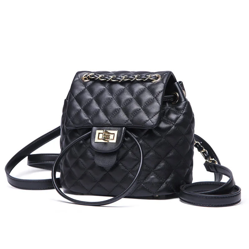 

Simple fashion cut design diamond lattice chain backpack new tide Korean version of the belt buckle open sheepskin mini backpack