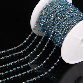 

5meters,Lake Blue Clear Glass Crystal Faceted Rondelle Link Brass Wire Wrapped Chain,DIY Rosary Chain Necklace Jewelry Crafts
