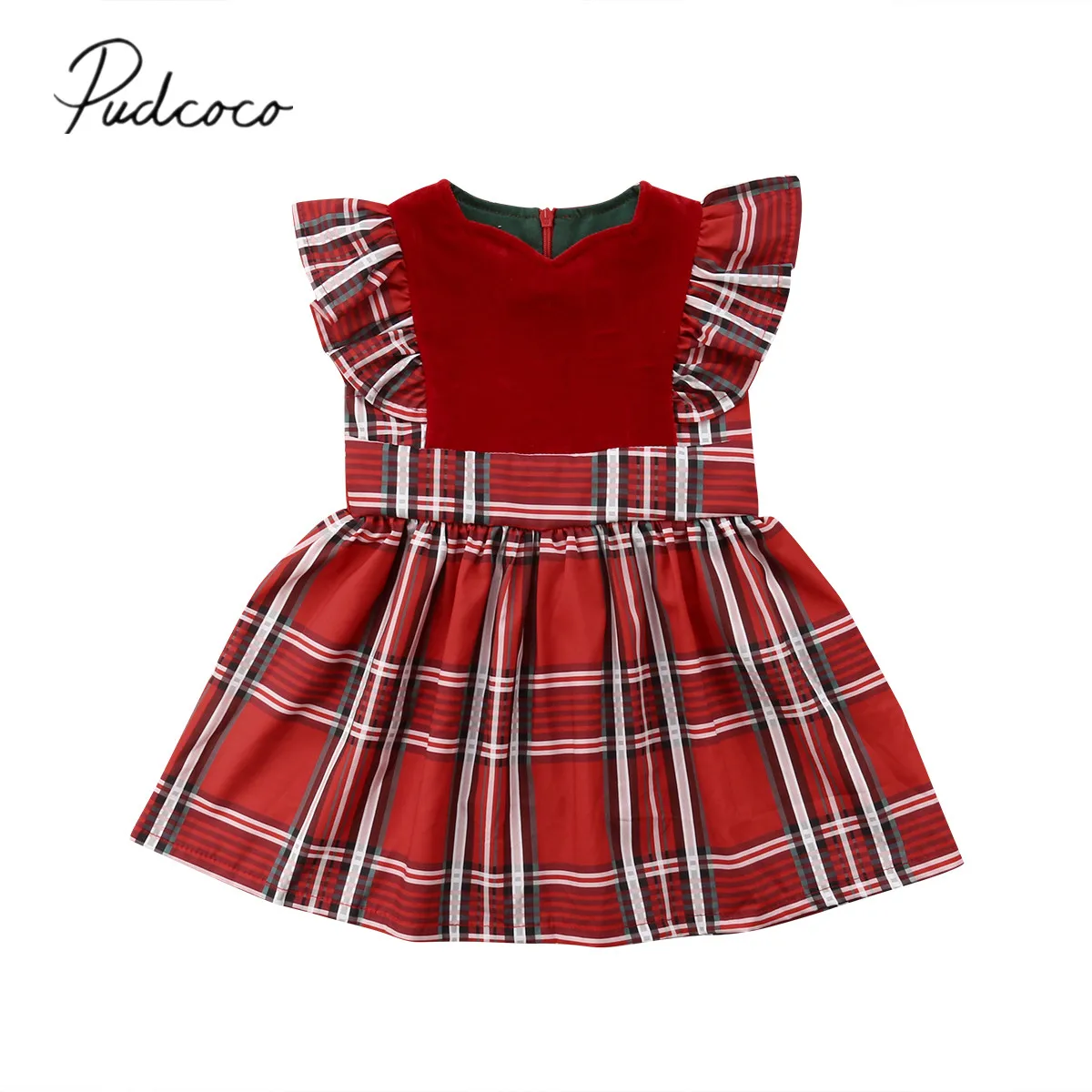 

2018 Brand New Xmas Toddler Kid Baby Girl Party Dress Petal Sleeve Plaid Patchwork Knee-Length A-Line Checked Dress Outfit 6M-5Y
