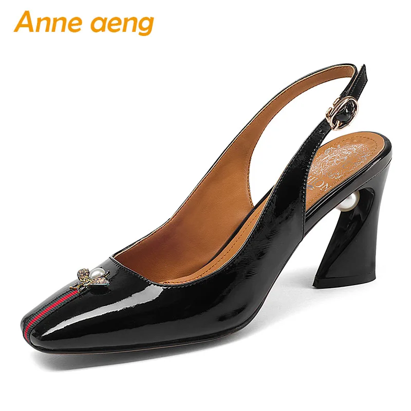 

2019 New Summer Genuine Leather Women Sandals Pearl High Heel Square Toe Buckle Sexy Ladies Women Shoes Black High Heel Sandals