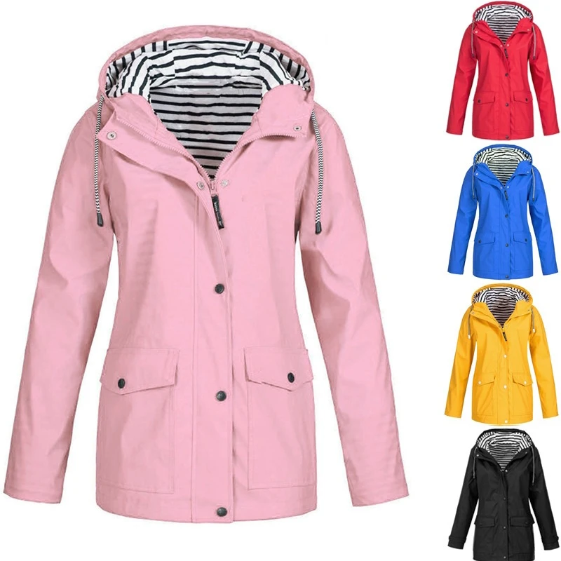 HCXY Autumn Womens Rain Coat Waterproof Raincoat Solid Color Outdoor Hooded Outerwear Coats Plus Size