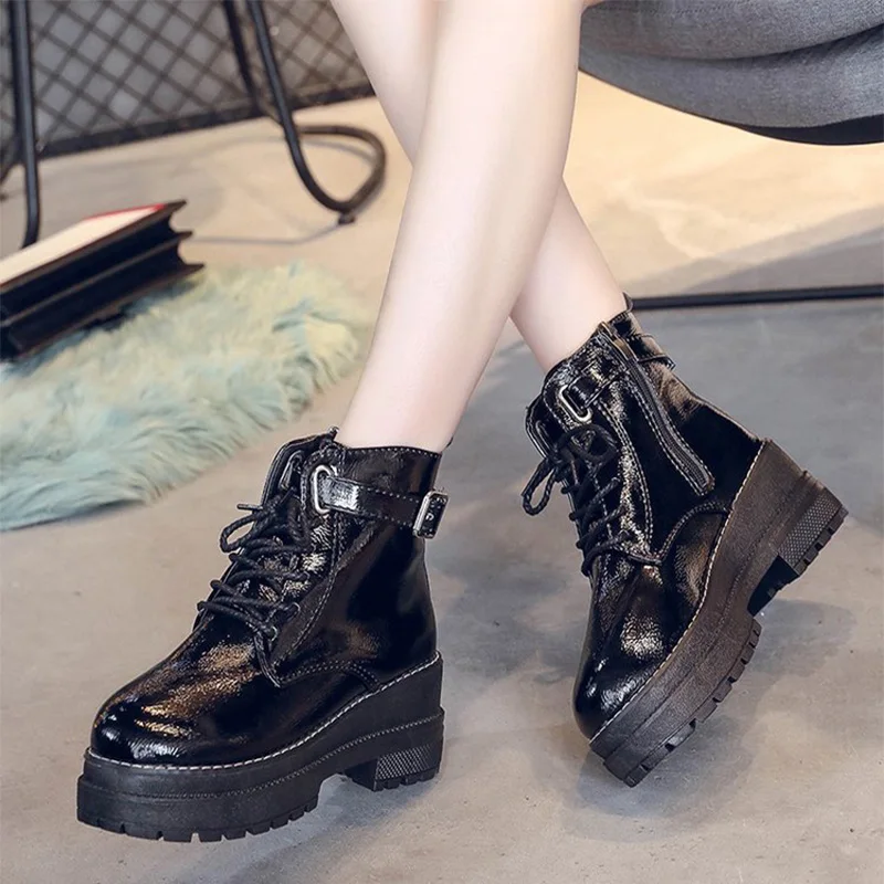 

Women Flat Platform Lace Up Zip Autumn Ankle Boots Ladies Buckle Fashion Black Motorcycle Shoes Female Punk Footwear