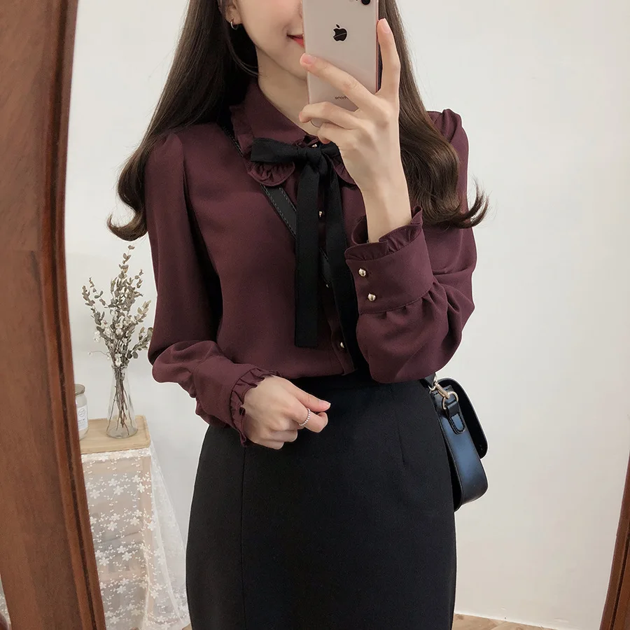  Blouse Sale Polyester Cotton Broadcloth Solid Full Casual Korean 2019 Korea Spring And Summer New S