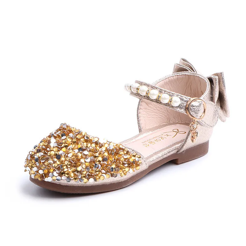 Новые сандалии с кристаллами летняя блестящая обувь для девочек детские пляжные сандалии для девочек туфли принцессы детские Размеры 26-36 - Цвет: Золотой