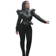 Новые женские Куртки из искусственной кожи с оборками на плечах и оборками, с длинным рукавом, на молнии, модные женские пальто черного цвета, S-2XL, GLA5043