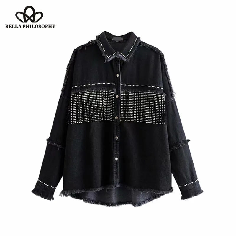 

Bella Philosophy 2018 Rivet Tassel Frayed Oversized Denim Jacket Coat Long Sleeve Streetwear Outerwear Casual Casaco Femme