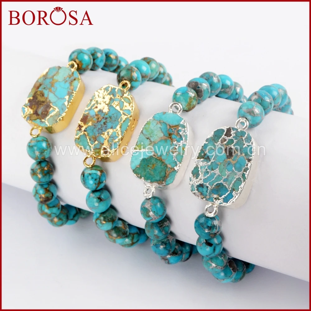 BOROSA 4 шт Золотой/Серебряный Цвет Медь натуральные Соединительные элементы из бирюзы с 8 мм бусинами браслеты для милых женщин леди делая 1652