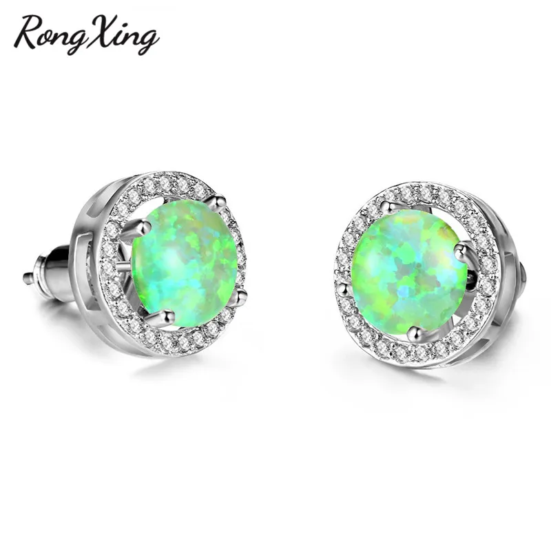 

RongXing Charming Green Fire Opal Birthstone Stud Earrings For Women 925 Sterling Silver Filled Zirconia Round Earrings Ear0773