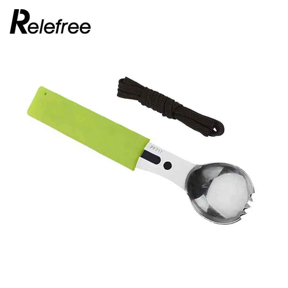 

Stainless Steel 5 in 1 Spoon Whistling Camping Tool Bottle Opener Tactical Fork Spoon Multifunctional