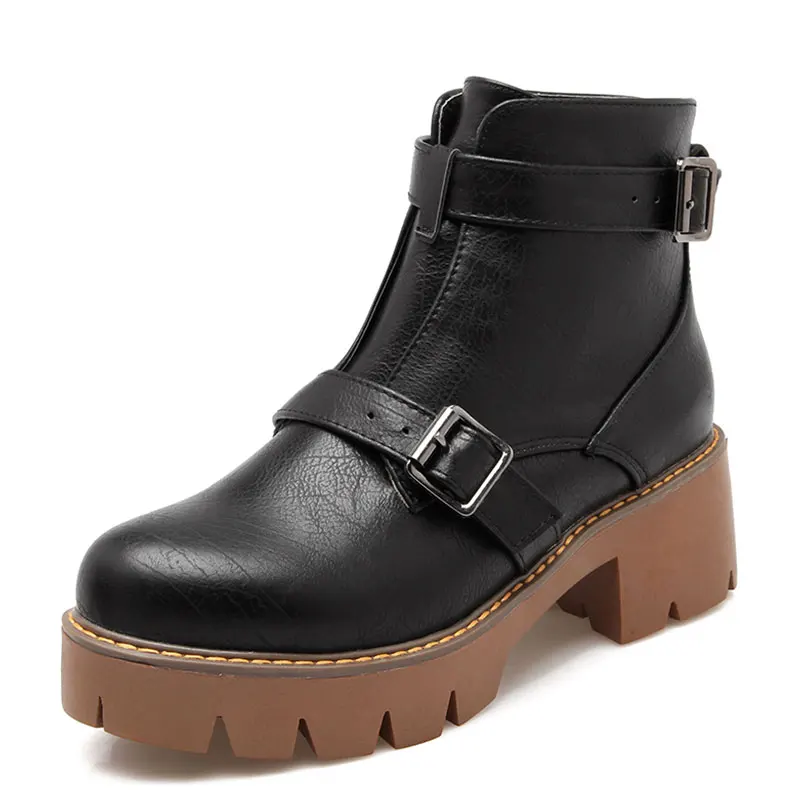 

simple fashion women shoes belt buckle strap high-heeled ankle boots round toe waterproof casual retro martin boots dxj1308