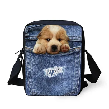 

Cute Puppy Dog Pattern Children School Bags Brand Small Messenger Bags 3D Blue Denim Bookbag for Kids Boys Mochilas Sumka