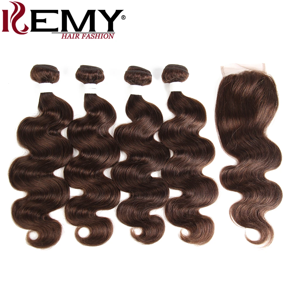 KEMY HAIR Pre-Colored Brazilian Body Wave Human Hair Bundles With Closure 4*4 Medium Brown 4# Non-Remy Human Hair Weaves 4 PCS KEMY HAIR Pre-Colored Brazilian Body Wave Human Hair Bundles With Closure 4*4 Medium Brown 4# Non-Remy Human Hair Weaves 4 PCS