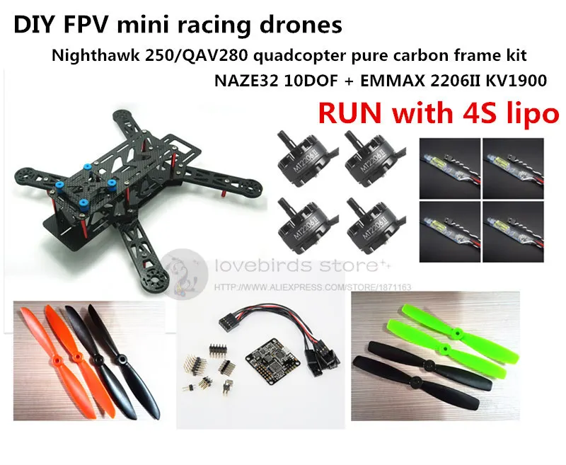 DIY mini drone FPV race Nighthawk 250 / QAV280 quadcopter pure carbon frame kit NAZE32 10DOF + EMAX MT2206II KV1900 RUN with 4S