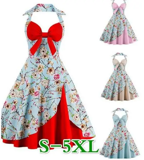 

Women's Vintage Halter Rockabilly Swing Floral Print Tea Vintage Dress plus size lady Retro