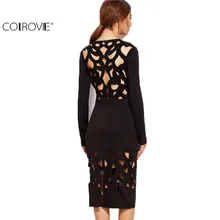 COLROVIE Women Dress Elegant Women Formal Dresses Long Sleeve Bodycon Dress Black Laser Cutout Pencil Knee Length Dress