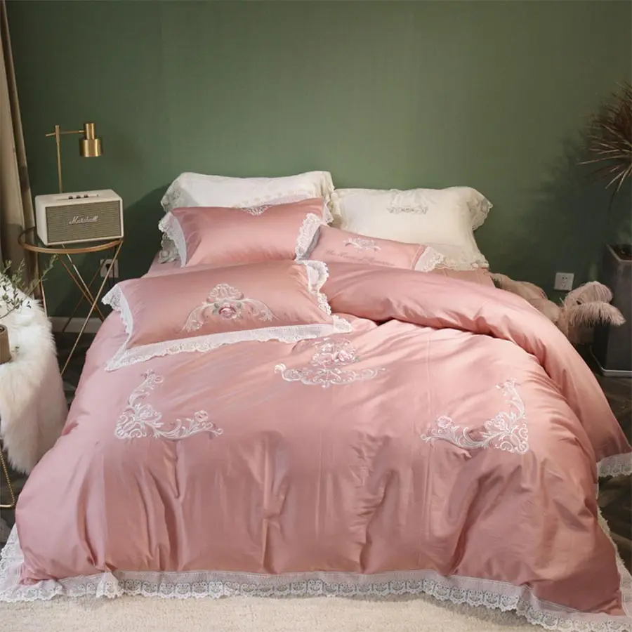 buy Elegant princess pink bedding set girl,full queen king cotton tribute silk double home textile bed sheet pillow case duvet cover