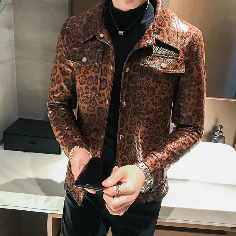 Leopard Gedrukt Lederen Jassen Heren Motorfiets Jassen Heren Lederen Designer Lederen Jas Man Winter Bomber Jassen Biker Mannen