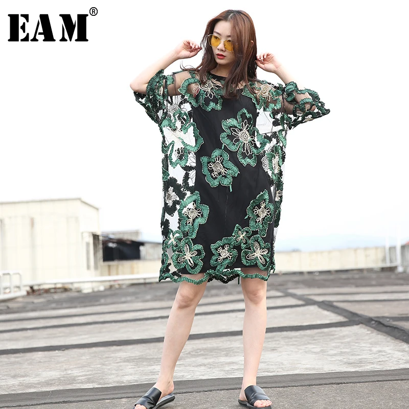 

[EAM] 2019 New Spring Summer Round Neck Three-quarter Sleeve Green Organza Embroidery Big Size Dress Women Fashion Tide JU74