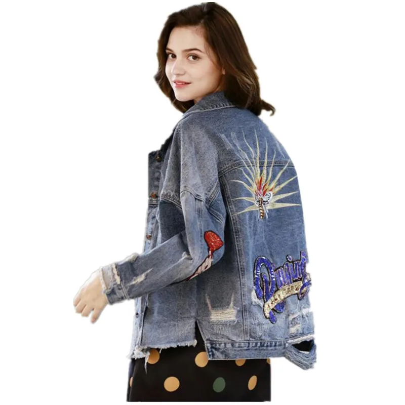 Paillettes Nouveau Tops Longues Vêtements Manches Et Veste Broderie Femmes Trou De Printemps Automne Blue G233 Denim À n0gTv7q