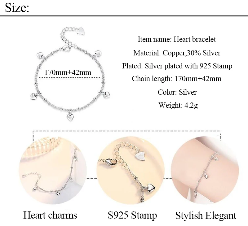 Новая мода 925 стерлингового серебра сердце Шарм Браслеты для женщин Femme классическая цепочка дорогой браслет ювелирные изделия Pulseras Mujer