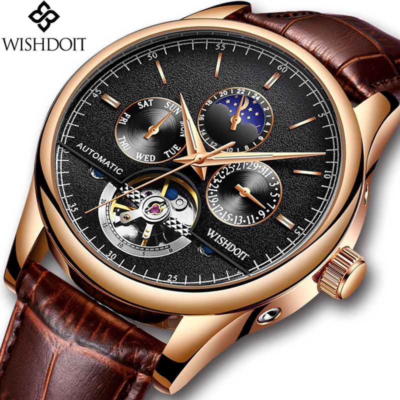 

WISHDOIT Brand Men Watches Automatic Mechanical Watchs Tourbillon Sport Clock Leather Casual Business Wristwatch Relojes Hombre
