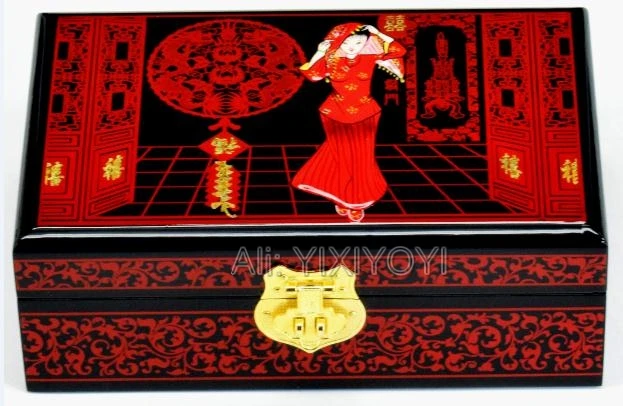 

Retro Chinese 2 Layer Wood Storage with Mirror Wedding Jewelry Box Organizer Earring Bangle Display Box Container Carrying Case