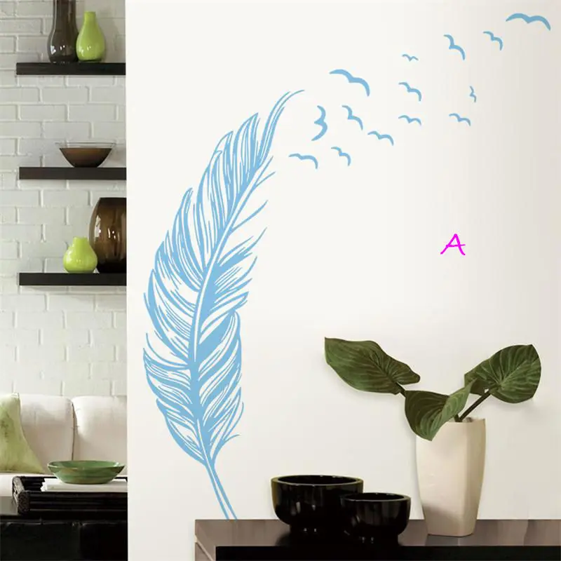 W129 креативные виниловые наклейки на стену Летящие птицы перо наклейки на стену для дома искусство для гостиной домашний современный декор настенные татуировки - Цвет: Синий