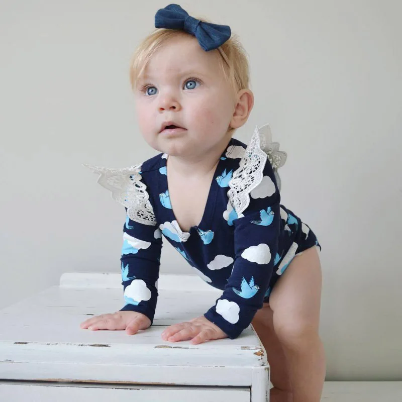 

Baby Jumpsuit Newborn Cute Printed Lace Wing Infant Baby Boys Girls Clothing Tops Bodysuit Long Sleeve Jumpsuit Clothes