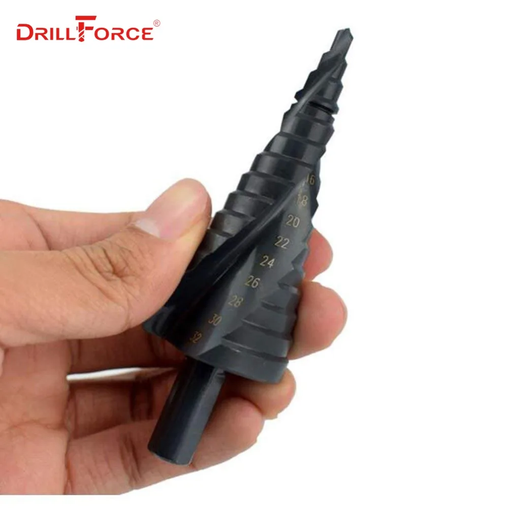 Drillforce черные скоростные стальные титановые ступенчатые спиральные сверла, конические конусные сверла, электроинструменты 4-32 мм