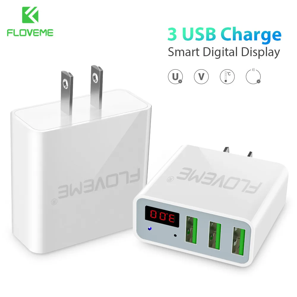 

FLOVEME USB Charger Fast Quick Charging 3 Ports LED Display EU/US Plug Max 5V 2.4A Mobile Phone Smart Charger For iPhone Laptop