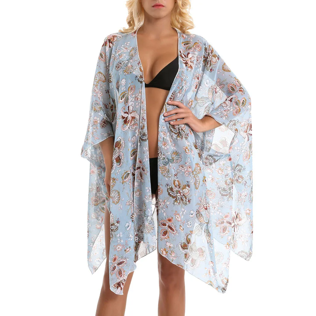 

2019 Sexy Chiffon Perspective Beach Dress Women Summer Printed Floral Beach Tunics Shawl Cardigan Beach Cover Up Kaftan Cape
