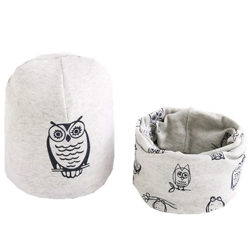 Новая весенне-Осенняя шапка для девочек, шарф, комплект с рисунком совы, звезды, лебедя, шапка для маленьких мальчиков и девочек, детская шляпа, шарф-воротник, комплект хлопковой детской шапки - Цвет: gray owl