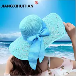 Jiangxihuitian 2018 Лето Для женщин пляжные шляпы Складная шифон широкополая Солнцезащитная шляпа Повседневное дамы сомбреро шляпа с бантиком