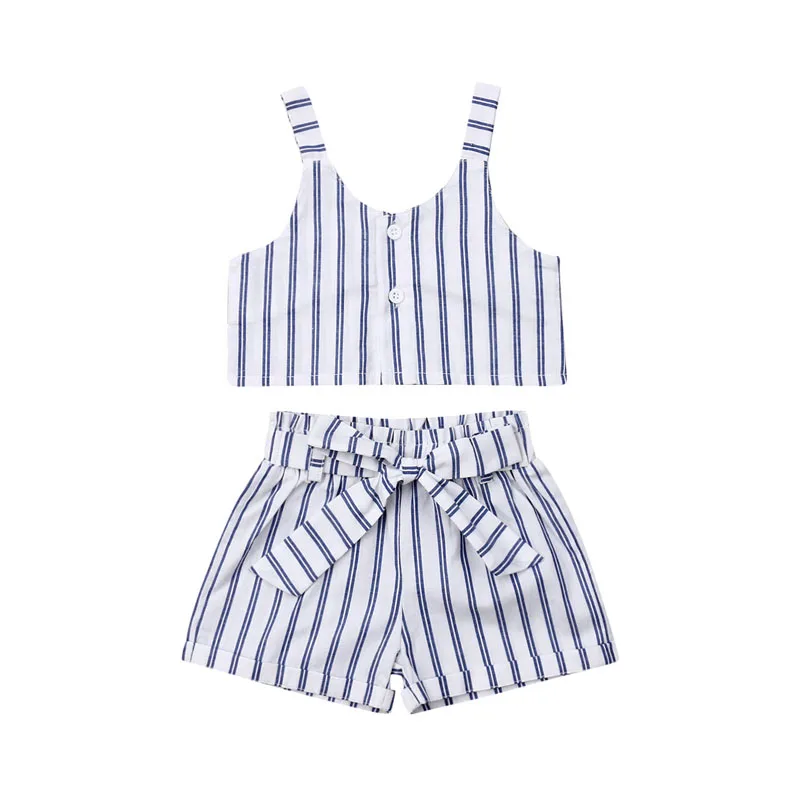 

Pudcoco Summer Toddler Baby Girls Kids 1-5T Clothing Set V-Neck Striped T-shirt Vest Tops + Short Pant Outfit Clothes Set