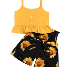 Новая детская одежда с подсолнухами, комплект летней одежды для маленьких девочек: футболка+ короткие штаны, комплект одежды из 2 предметов