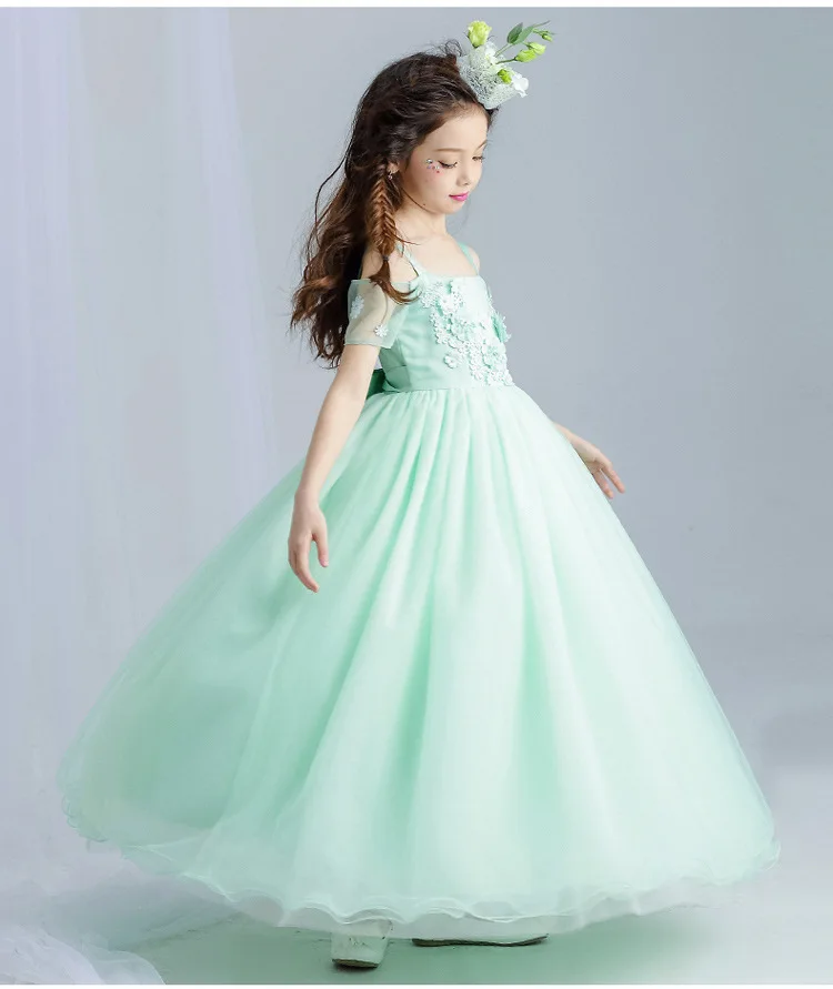 Новое летнее зеленое Элегантное Длинное Свадебное платье с цветочным узором для девочек, детское платье до щиколотки с аппликацией, платье