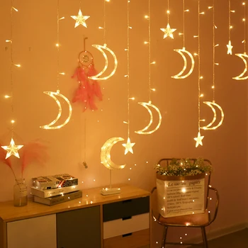 

220V 3.5 meters 138 Light warm white Romantic Holiday Lights Star Moon Led Curtain String Light EU plug Christmas Wedding Decor