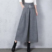 Новые осенние зимние женские шерстяные брюки, модные женские брюки с высокой талией, плотные однотонные широкие шерстяные брюки A5030