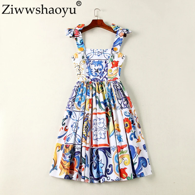 

Ziwwshaoyu Europe Designer Summer Dress Women's High Quality Multicolor Porcelain Printed Spaghetti Strap Mini Boutique Vestido