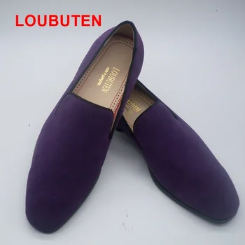 

LOUBUTEN Men Loafers Designer Brand Dark Purple Suede Leather Shoes Men Summer Breathable Slip-on Dress Shoes Smoking Flats