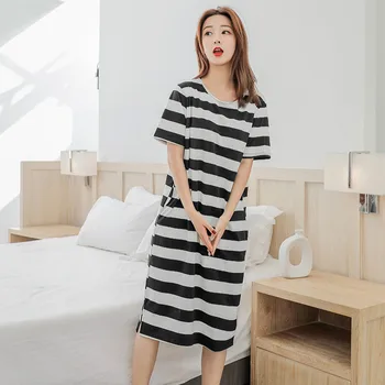 

100% Cotton Striped Nightgown Women Loose Plus Size Long Sleepwear Girls Nightwear Nightdress Female Short Sleeve Sleepshirt