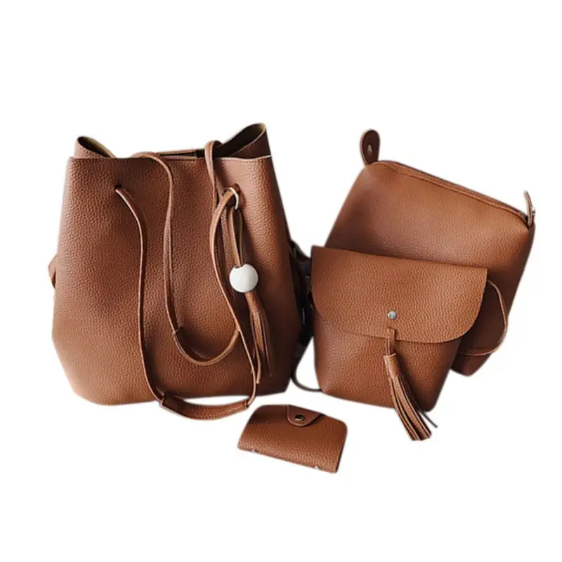 

LJL Women 4Pcs/Set Leather Handbag Shoulder Bag Tote Purse Messenger Satchel Clutch Drawstring Bags(Brown)