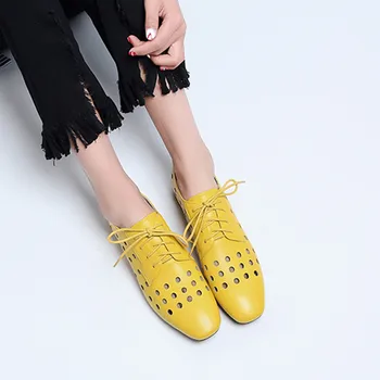 

YMECHIC Spring Summer 2019 Block Heel Shoes Hole Perforated Cow Genuine Leather Thick Chunky Heels Womens Pumps Yellow Gray Shoe