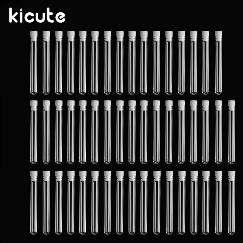 Kicute 50 шт./упак. прозрачный лабораторный прозрачный Пластик Тесты трубка флаконы+ пуш-ап шапки школы лабораторное оборудование 12x100 мм свадебной