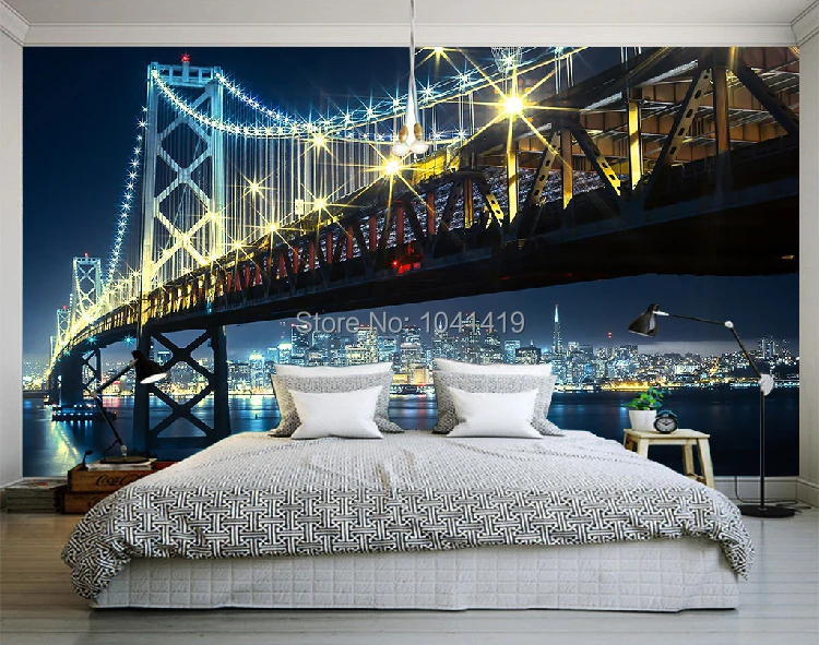 Пользовательские 3D HD фотографии фото обои современный город ночь виды мост река настенные росписи нетканые обои для постельных принадлежностей комнаты