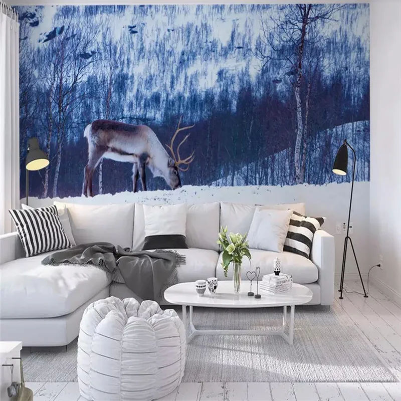 Customized 3d wallpaper Nordic style elk forest beautiful TV sofa background wall painting high-grade waterproof material Customized 3d wallpaper Nordic style elk forest beautiful TV sofa background wall painting high-grade waterproof material