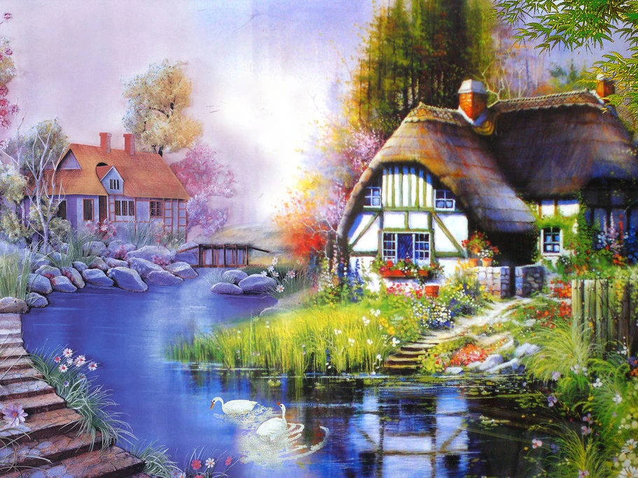 5D DIY Diamond Painting Flower River Crystal Cross Stitch Scenic Town Landscape Bridge Needlework Decor | Дом и сад