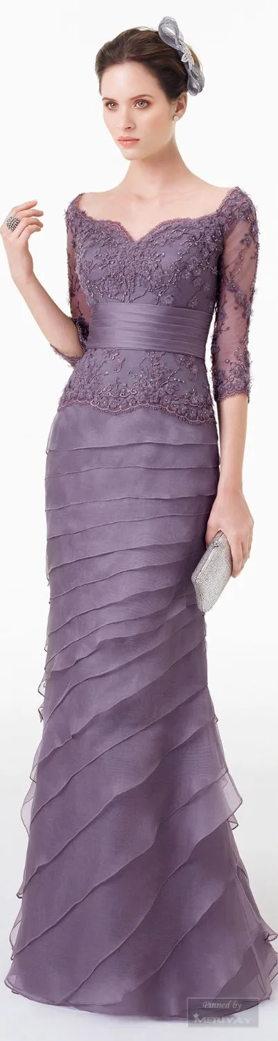 

2016 Elegant Purple Mother Of The Bride Dresses Sheath 3/4 Sleeves Appliques & Beadings Evening Gowns Plus Size Vestidos ZY4612