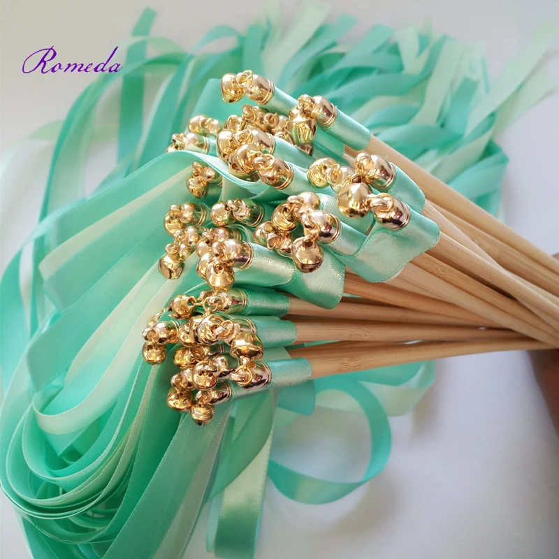 

New style 50pcs/lot mint and green stain ribbon wedding stick wands With gold Bells for wedding decoration
